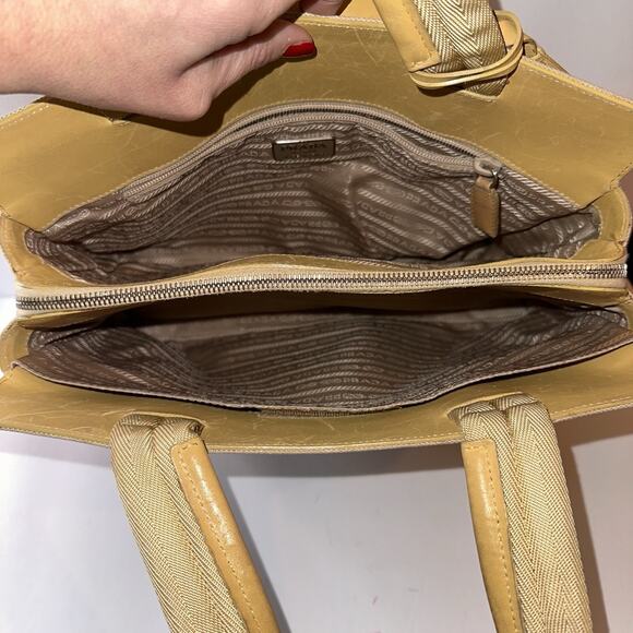 Prada Hand Bag Beige Yellow Canvas Leather Tote Authentic Vintage - Picture 10 of 15
